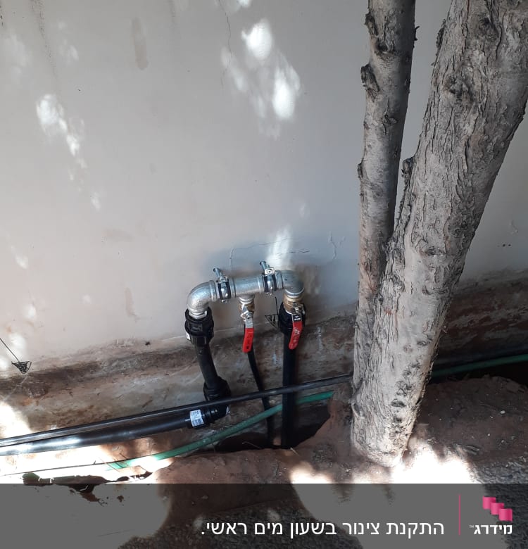 צינורות מים עם ברזים אדומים על קיר